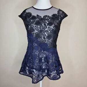 Deletta Anthropologie Black Navy Blue Floral‎ Lace Crochet Top XS Cap Sleeve